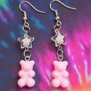 Handmade Lightweight Pink Kawaii Star Gummy Bear Dangle Earrings